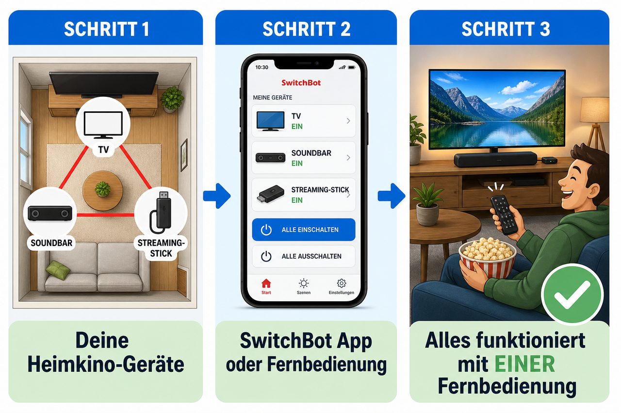 Schritt-für-Schritt-Illustration: Heimkino-Geräte verbinden, App nutzen, alles mit einer Fernbedienung steuern