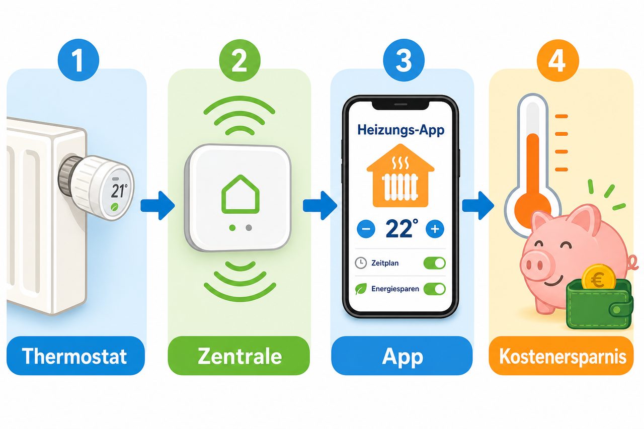 Schritt-für-Schritt Illustration: Thermostat → Zentrale → App → Kostenersparnis bei smarter Heizungssteuerung