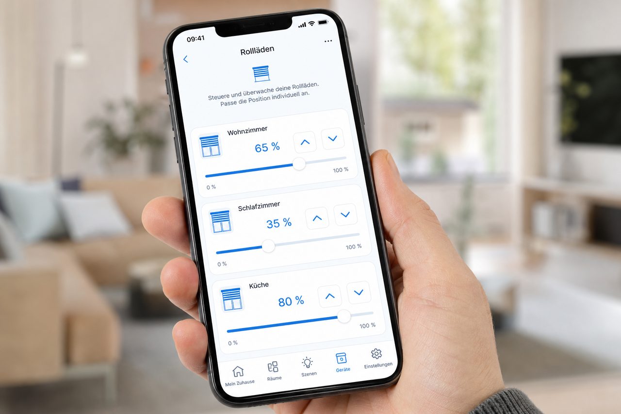 Smart-Home-App auf dem Smartphone zeigt die Steuerung von 3 Rolläden mit Schiebereglern und Auf/Zu-Buttons