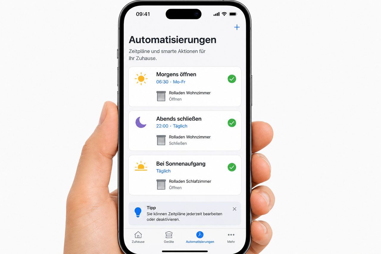 Smart-Home-App zeigt Automatisierungen: Rolladen öffnen morgens um 6:30 Uhr und schließen abends um 22:00 Uhr