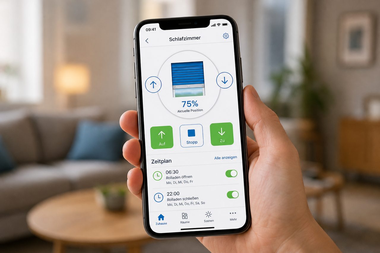 Smart-Home-App zeigt Rolladen-Steuerung mit Zeitplan für automatisches Öffnen und Schließen