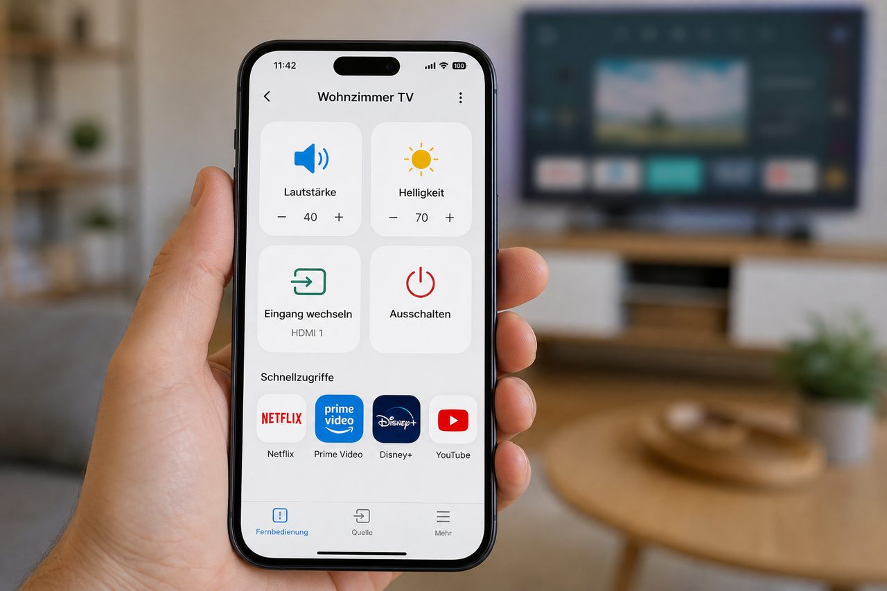 Smart-TV-App auf dem Smartphone zeigt Fernbedienung und Lautstärke-Regler für das Wohnzimmer-TV
