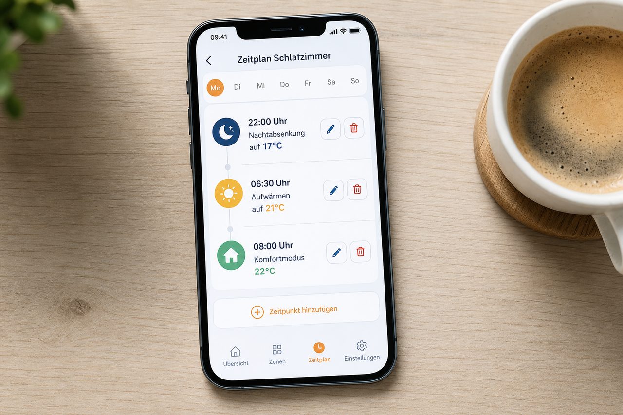 Smartphone-App zeigt den Zeitplan für automatische Temperaturregelung im Schlafzimmer mit Nachtabsenkung und Aufwärmzeit