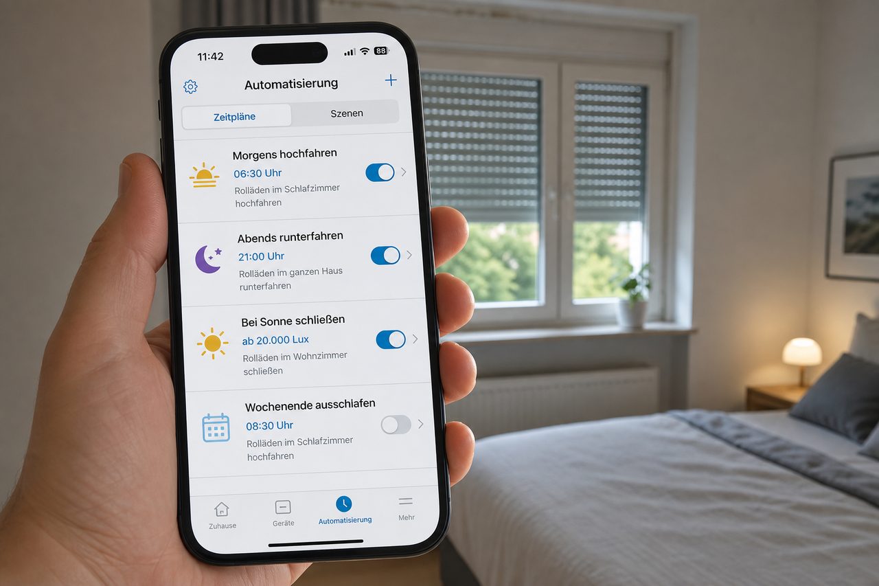 Smartphone-App zeigt Zeitpläne für automatische Rolladen-Steuerung: Morgens hochfahren, abends runterfahren