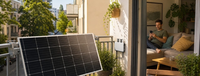 Balkonkraftwerk & Energiesparen: Komplettes Setup für die eigene Stromversorgung – Solarmodul auf dem Balkon einer Wohnung mit Wechselrichter, Bewohner kontrolliert Stromerzeugung auf dem Smartphone