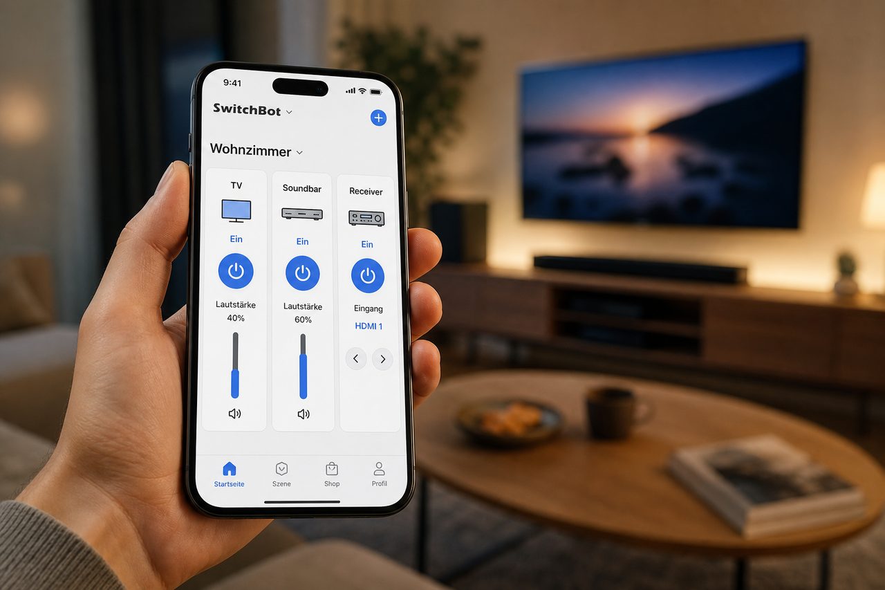 SwitchBot App auf dem Smartphone zeigt die Steuerung für TV, Soundbar und Receiver im Wohnzimmer