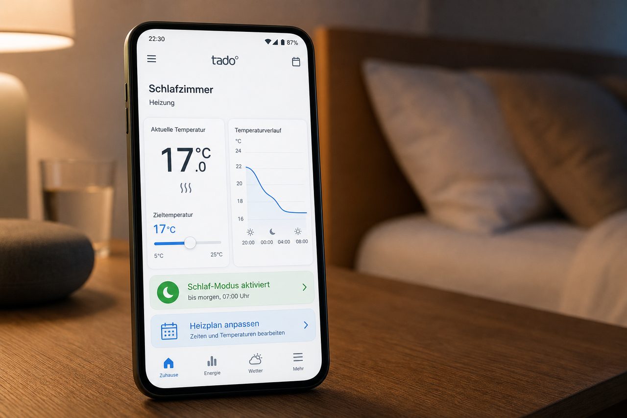 Tado° App auf dem Smartphone zeigt die Heizungssteuerung für das Schlafzimmer mit optimaler Schlaftemperatur von 17°C