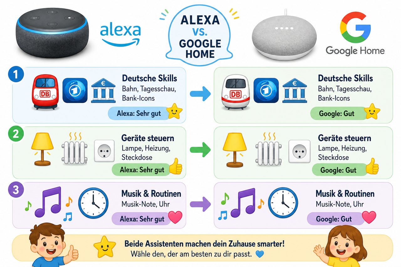 Vergleich-Diagramm: Alexa vs. Google Home mit Icons für Deutsche Skills, Gerätesteuerung und Musik