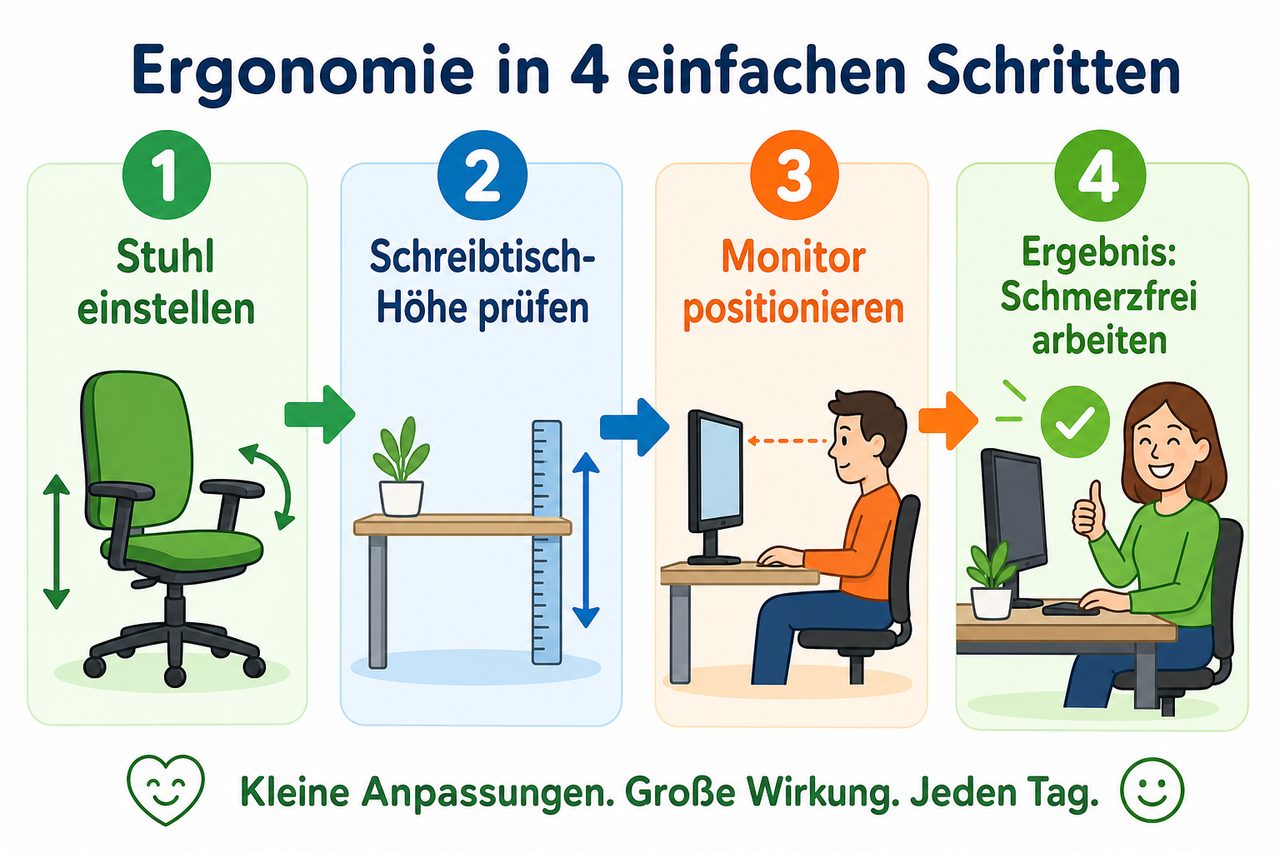 Vier-Schritte-Diagramm zur Ergonomie-Optimierung: Stuhl → Schreibtisch → Monitor → schmerzfreies Arbeiten