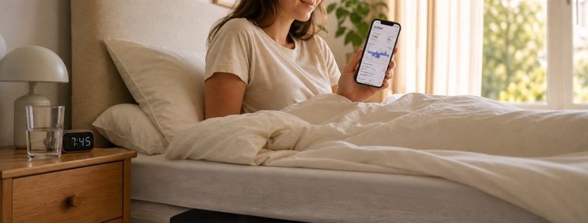 Smarte Matratze & Schlaf-Tracker: Lohnt sich das? – Withings Sleep Analyzer unter der Matratze: Person im Bett schaut auf Smartphone mit Schlaf-Daten am Morgen