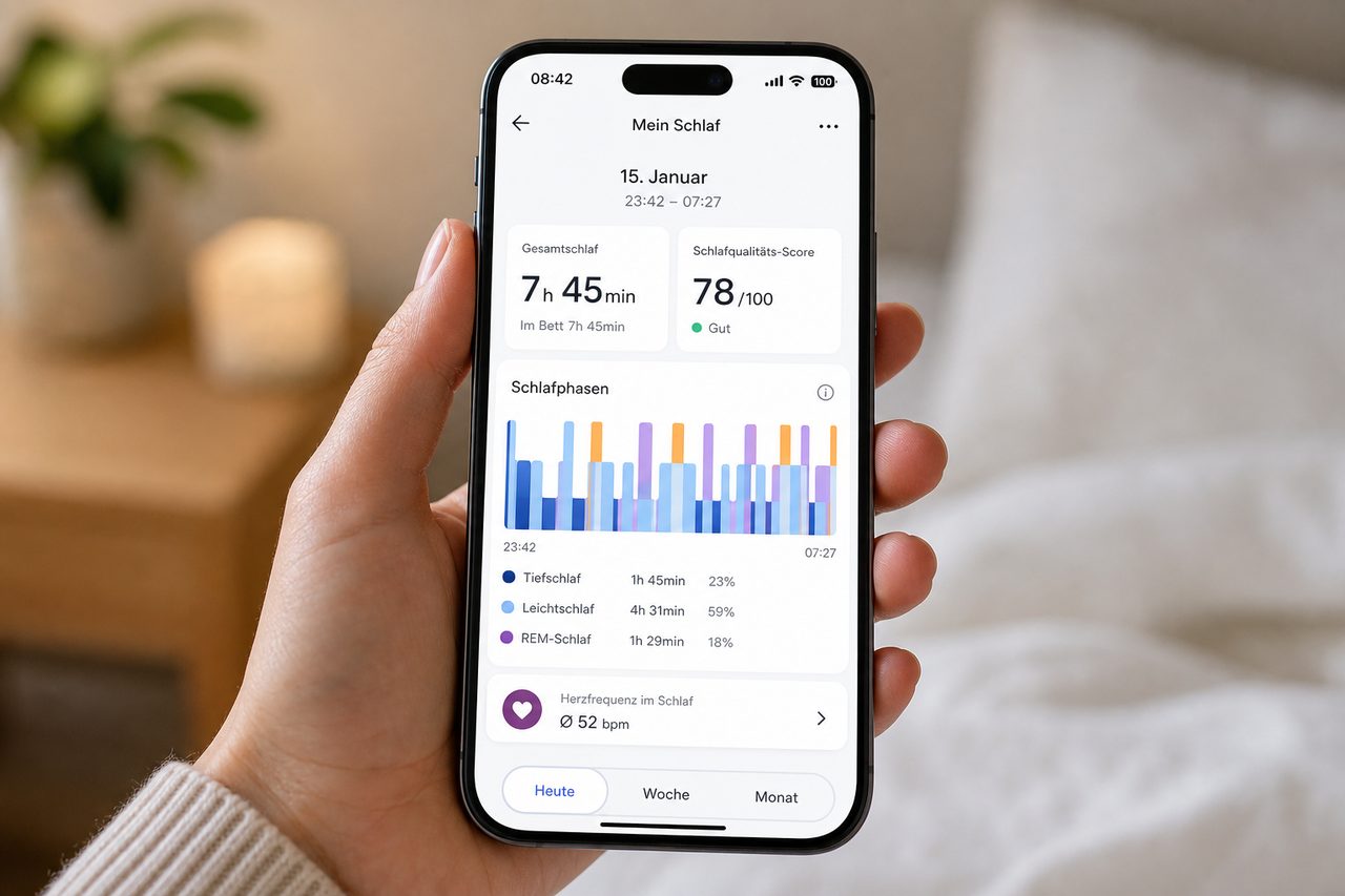 Withings Sleep App auf dem Smartphone zeigt Schlafqualität, Schlafphasen und Nacht-Übersicht