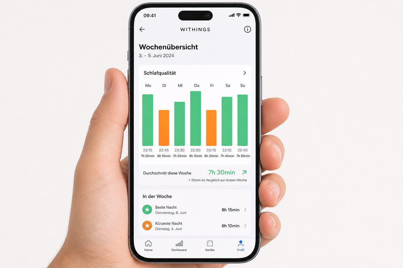 Withings Sleep App Wochenansicht zeigt Schlafmuster über 7 Tage mit Qualität und Dauer