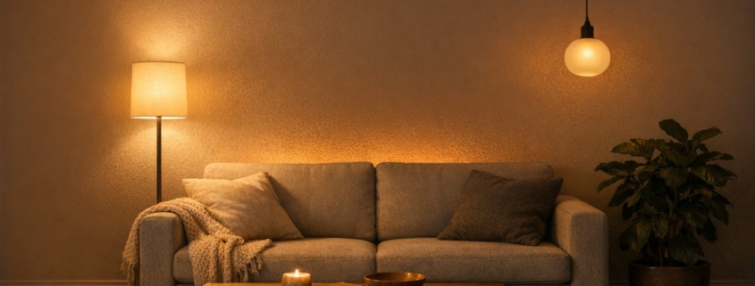 Wohnzimmer am Abend mit warm gedimmter Stehleuchte und Pendelleuchte