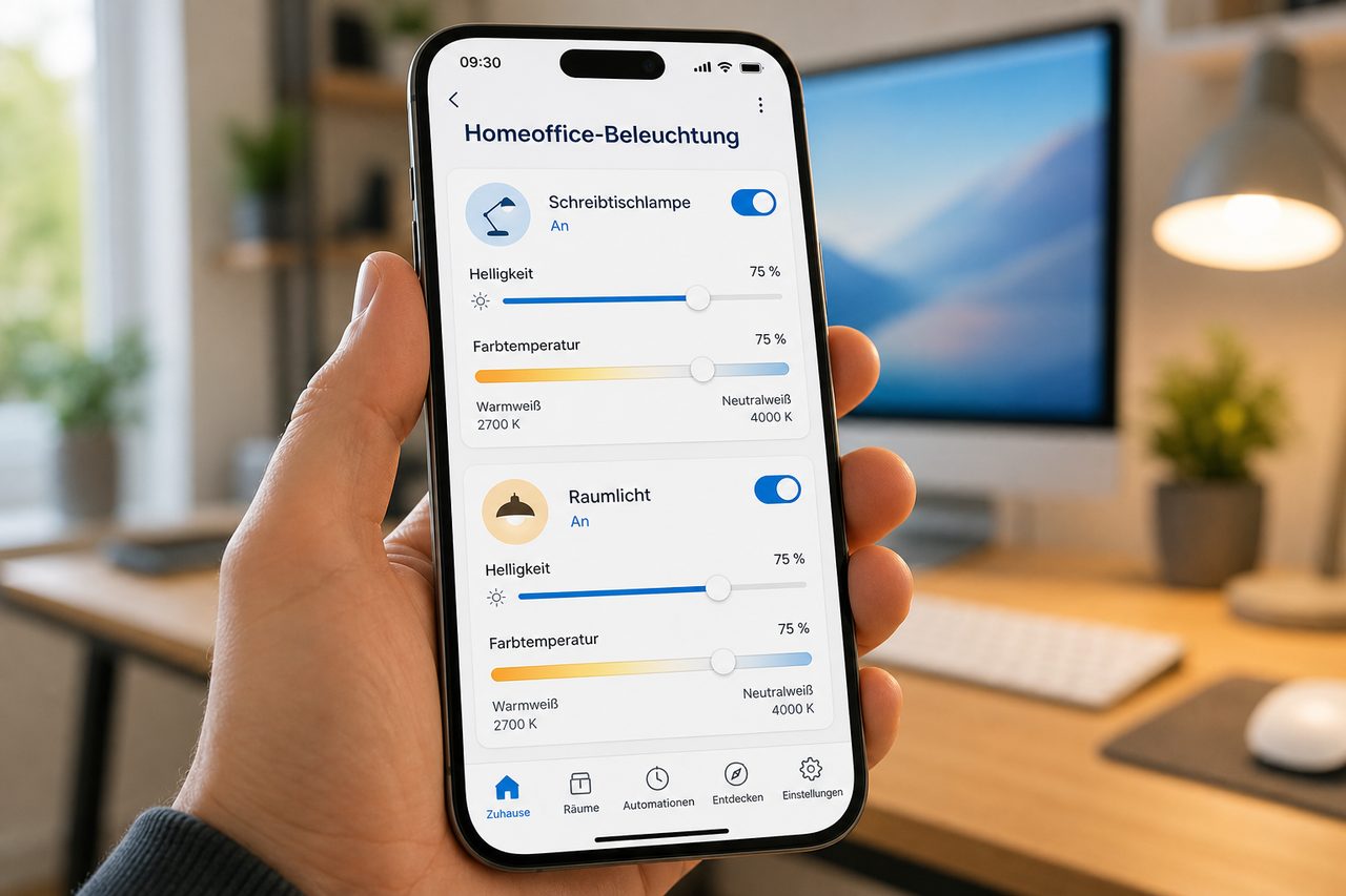 Beleuchtungs-App auf dem Smartphone: Steuerung von Schreibtischlampe und Raumlicht mit Helligkeit und Farbtemperatur-Reglern für das Homeoffice