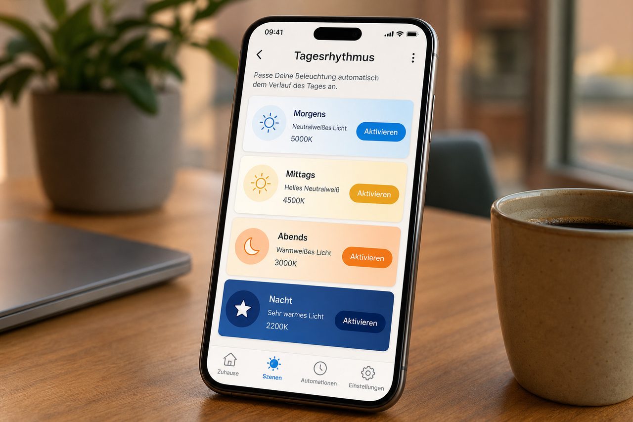 Beleuchtungs-App mit Tagesrhythmus-Szenen: Automatische Anpassung der Farbtemperatur von morgens bis nachts für besseren Schlaf und Konzentration