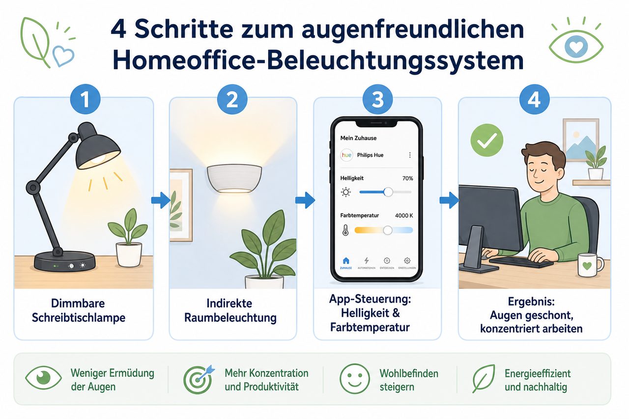 Diagramm: 4-Schritte zum augenfreundlichen Homeoffice-Beleuchtungssystem — von Schreibtischlampe über Raumlicht zur App-Steuerung bis zum entspannten Arbeiten