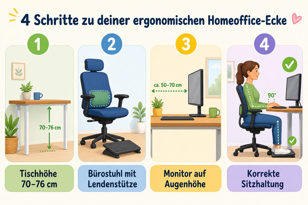Ergonomie-Anleitung für Homeoffice: 4 Schritte zur richtigen Tischhöhe, Stuhl, Monitor-Position und Sitzhaltung