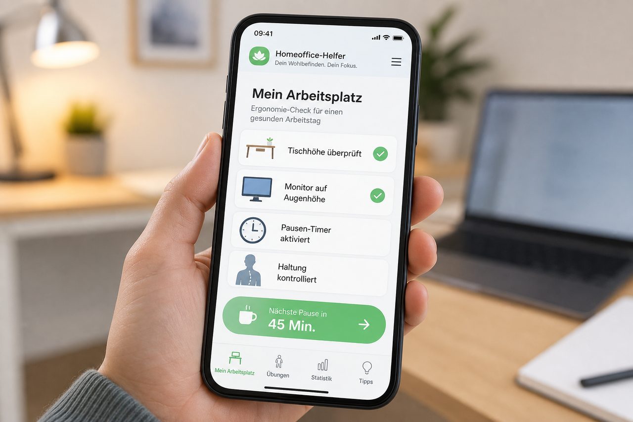 Ergonomie-App auf dem Smartphone: Checkliste für korrekten Arbeitsplatz mit Tischhöhe, Monitor-Position und Pausen-Erinnerung