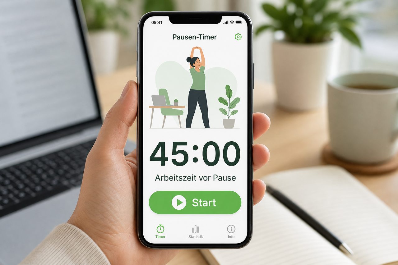 Pausen-Timer-App auf dem Smartphone: 45-Minuten-Arbeitszeit-Erinnerung für regelmäßige Pausen im Homeoffice