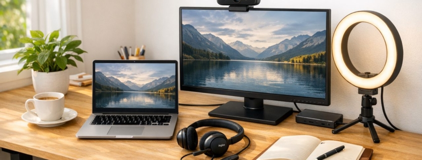 Home-Office Technik-Setup: Internet, Kamera, Headset & Zubehör richtig kombinieren – Aufgeräumter Home-Office-Schreibtisch mit Laptop, externem Monitor, Webcam, USB-Headset und Ringlicht für professionelle Videokonferenzen