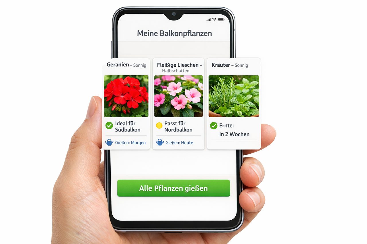 Balkon-Pflanzen-App zeigt Pflegeanleitung: Welche Pflanzen für welche Himmelsrichtung, Gieß-Erinnerungen auf Deutsch