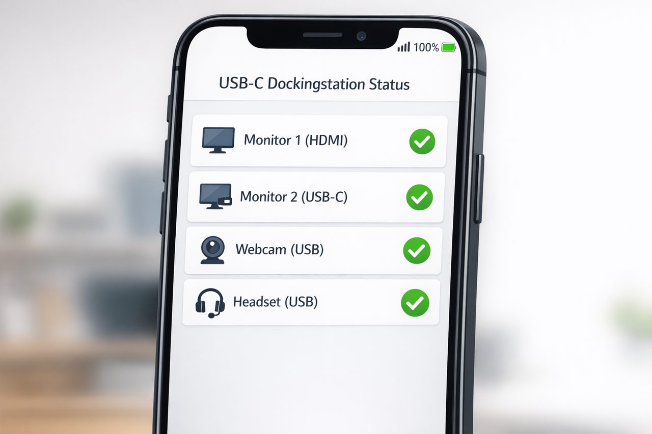 Dockingstation-Verwaltungs-App zeigt alle verbundenen USB-Geräte und Monitore im grünen Status