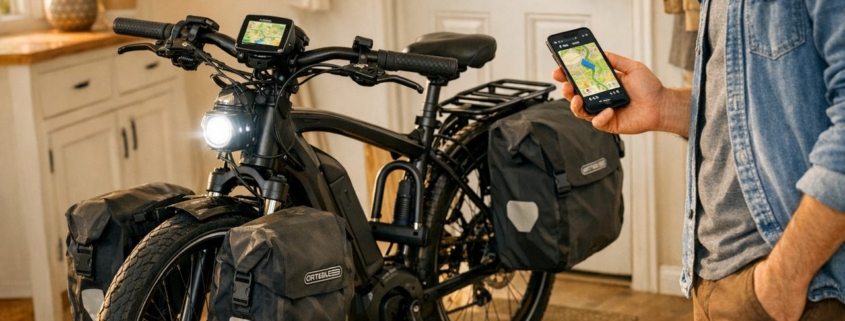 E-Bike mit Frontlicht, Navigationsgerät am Vorbau und Gepäcktaschen