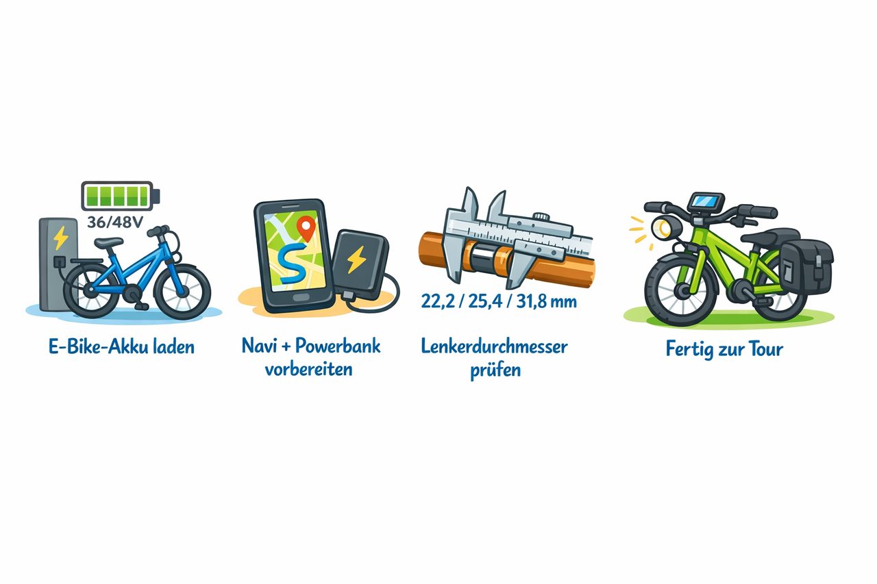E-Bike-Setup in 4 Schritten: Akku laden, Navi vorbereiten, Lenkerdurchmesser prüfen, Rad ausrüsten