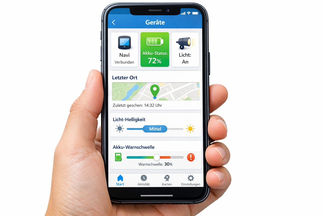 Symbolbild einer Geräte-App mit Akku-Status, Licht-Kontrolle und Einstellungen für E-Bike-Zubehör