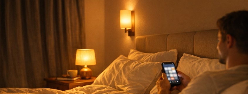 Schlafzimmer-Setup: So optimierst du Temperatur, Licht & Lautstärke für erholsamen Schlaf – Gemütliches Schlafzimmer mit dimmbarem Warmweiß-Licht, Verdunkelungsvorhang und Person mit Smartphone-Steuerung