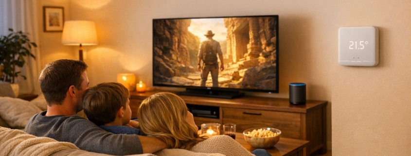 Wohnzimmer smart einrichten: Licht, Musik, TV & Heizung als Gesamtsystem – Gemütliches Wohnzimmer mit gedimmtem warmweißem Licht, laufendem Fernseher und Amazon Echo Lautsprecher — smartes Zuhause im Alltag