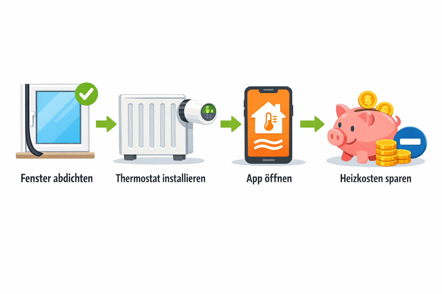 Infografik zeigt 4 Schritte zum Energie sparen: Fenster abdichten, Thermostat installieren, App nutzen, Kosten senken