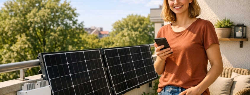 Balkonkraftwerk & Photovoltaik Kaufberatung: Lohnt sich der Einstieg und was brauchst du? – Junger Mensch auf dem Balkon neben zwei Solarmodulen und Mikrowechselrichter, hält Smartphone in der Hand