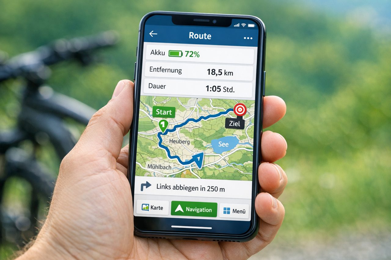 Navigations-App auf dem Smartphone zeigt Route, Akku-Status und Fahrtdauer für E-Bike-Touren