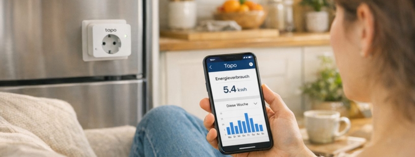 Wohnung energieeffizient machen: Strom sparen, Verbrauch messen & Kosten senken – Person mit Smartphone zeigt Tapo-App zur Stromverbrauchsmessung, smarte Steckdose am Kühlschrank sichtbar