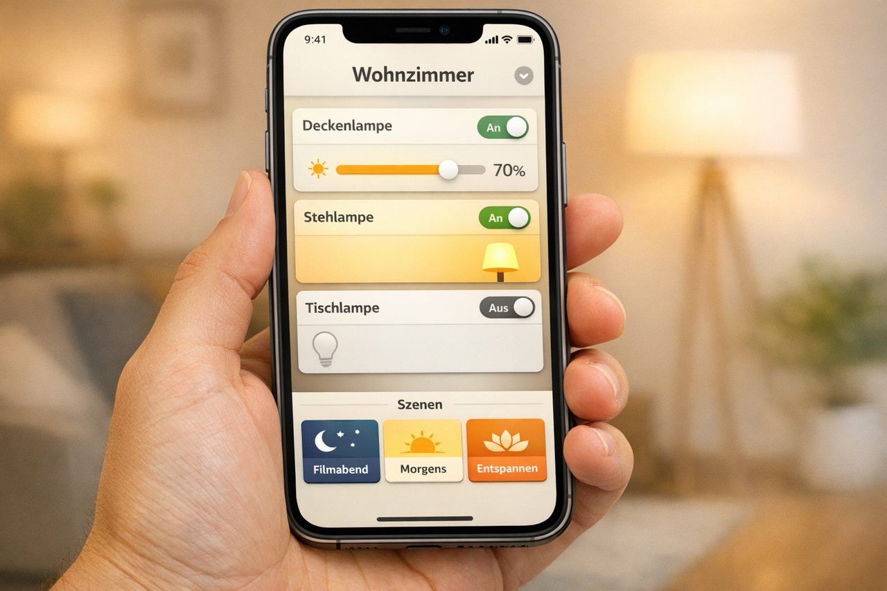 Symbolbild einer Licht-App: Wohnzimmer-Lichtsteuerung mit Lampen-Reglern und Filmabend-Szene