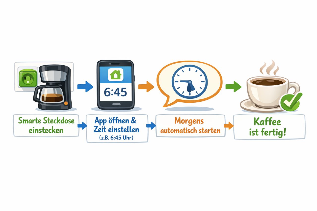 Schritt-für-Schritt Anleitung: Smarte Steckdose einstecken, App öffnen, Zeit einstellen, Kaffee startet automatisch