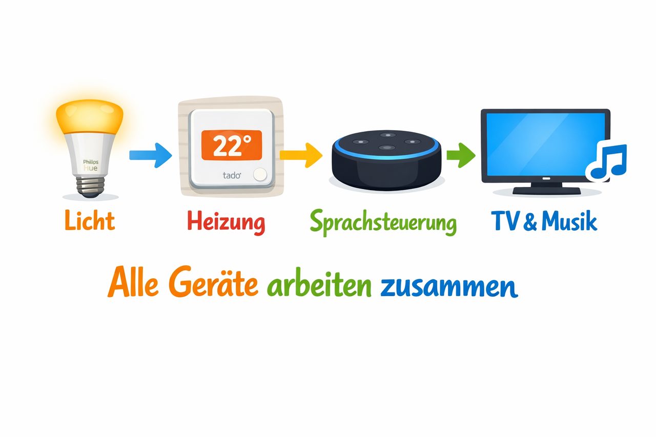 Schritt-für-Schritt Diagramm: Licht, Heizung, Sprachsteuerung und TV arbeiten als smartes Wohnzimmer-System zusammen