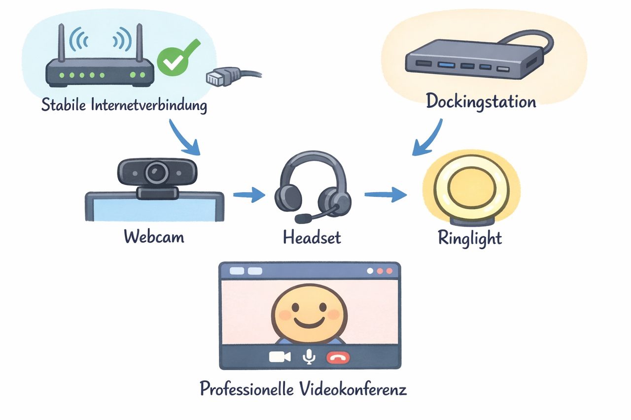 Schritt-für-Schritt-Diagramm: Stabile Internetverbindung → Dockingstation → Webcam, Headset, Ringlicht → Professionelle Videokonferenz