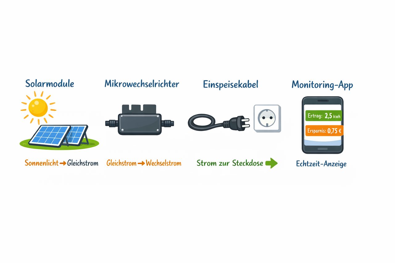 Schritt-für-Schritt Illustration: Solarmodule → Mikrowechselrichter → Einspeisekabel → Monitoring-App