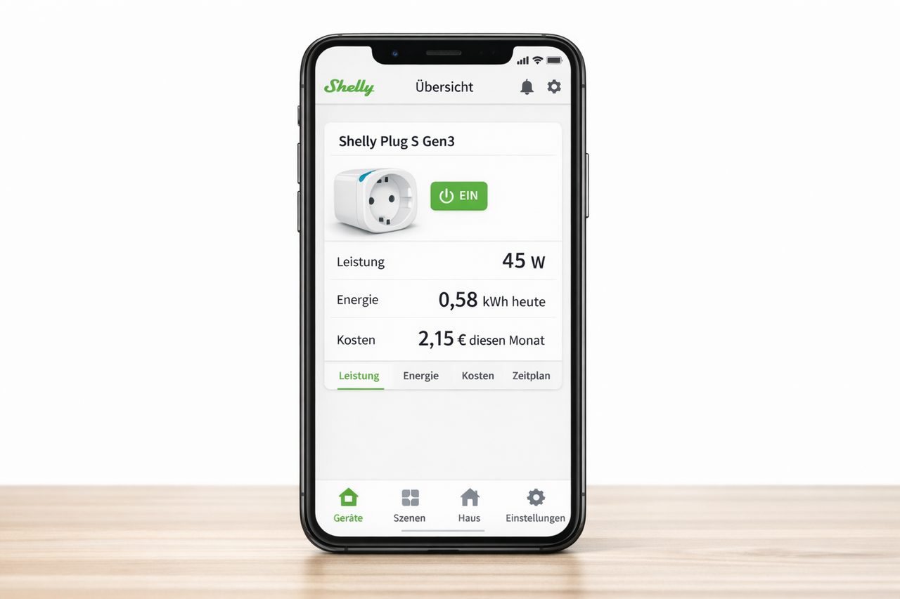 Shelly App auf Smartphone zeigt Stromverbrauch und Energiekosten des Smart-Plugs in Echtzeit — Kostenübersicht auf einen Blick