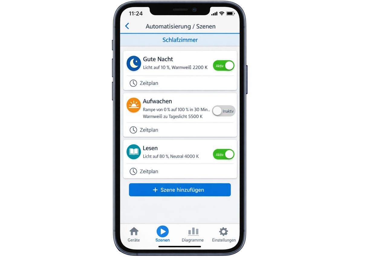 Symbolbild einer Smart-Home-App mit Szenen: Gute Nacht, Aufwachen mit Licht-Rampe und Lesen-Modus