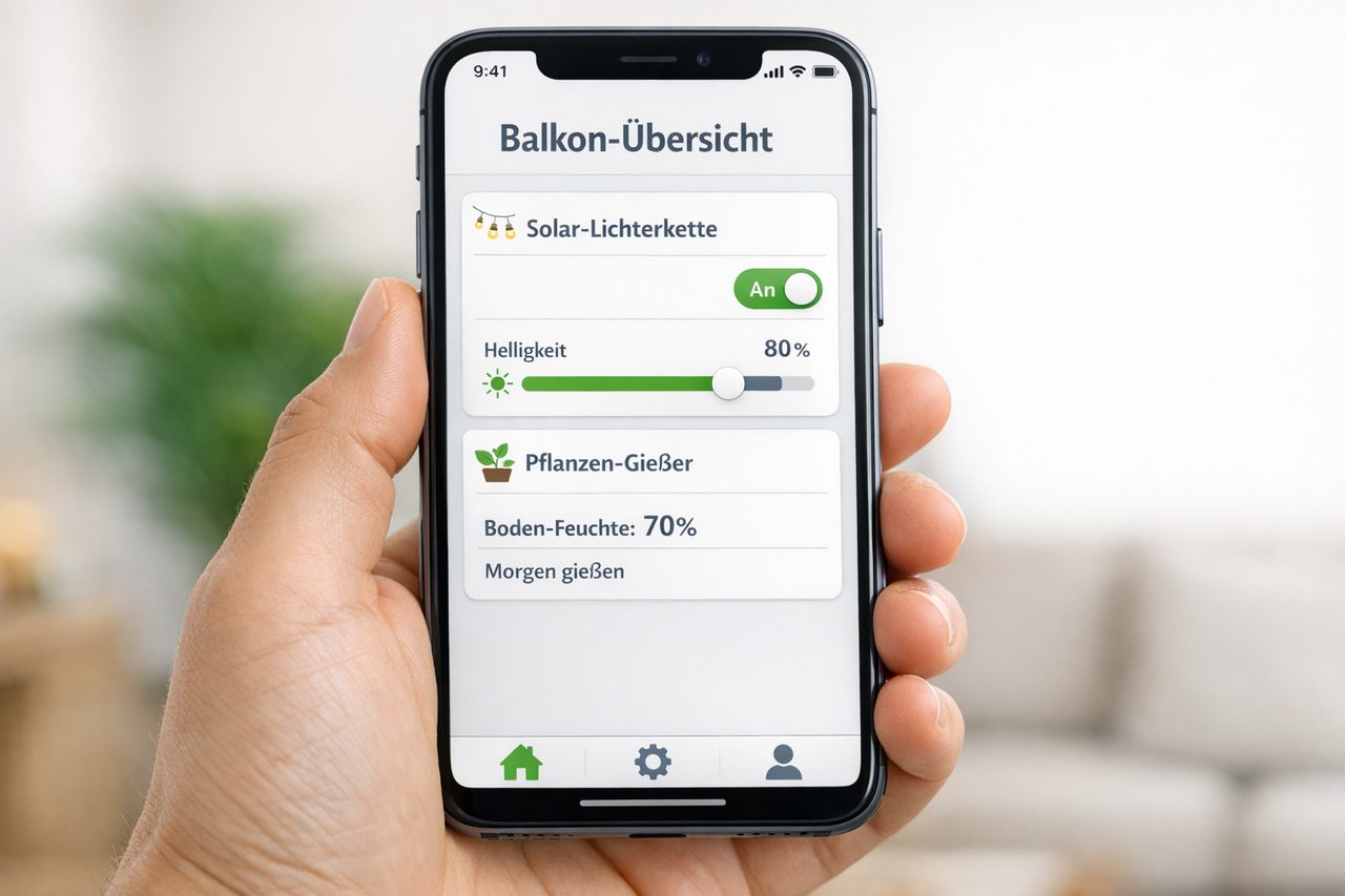 Smart-Home-App auf dem Smartphone zeigt Balkon-Steuerung: Solar-Lichterkette und Pflanzen-Gießer