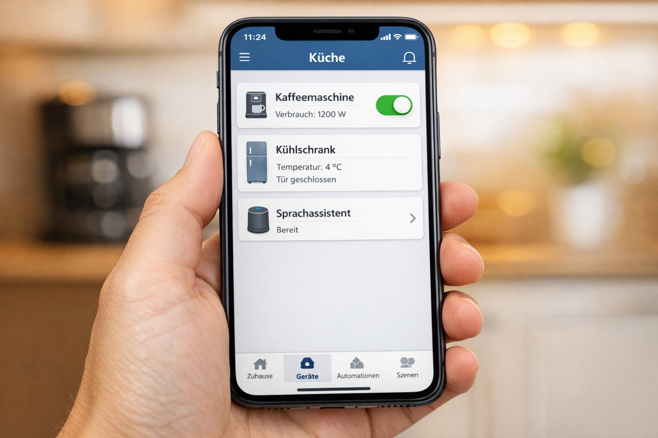 Smart-Home-App auf dem Smartphone zeigt Kaffeemaschine, Kühlschrank und Sprachassistenten mit Echtzeit-Status