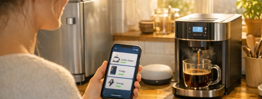 Smarte Küche einrichten: Kaffeemaschine, Kühlschrank & Co. clever vernetzen – Smarte Küche am Morgen: Frau mit Smartphone steuert Kaffeemaschine, Kühlschrank und Sprachassistenten über eine App