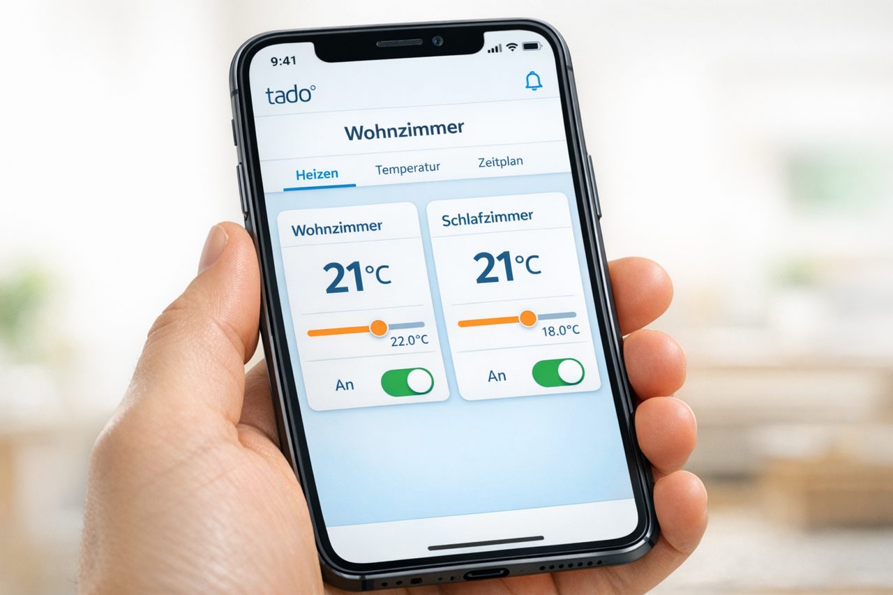 tado° App auf Smartphone zeigt Temperatursteuerung für Wohnzimmer und Schlafzimmer mit Schiebereglern und Zeitplänen