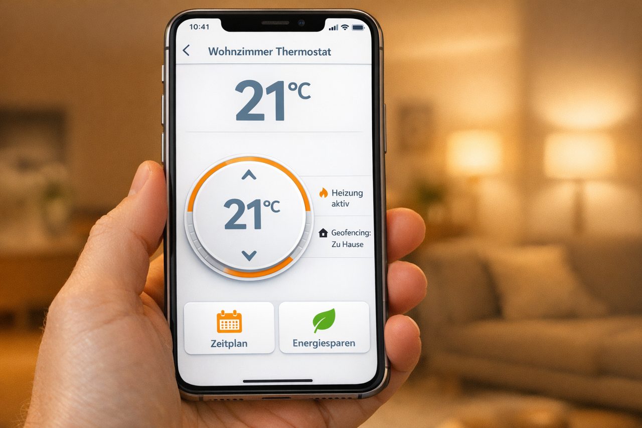 Symbolbild einer Heizungs-App: Wohnzimmer-Thermostat mit Temperatur-Regler und Geofencing-Status