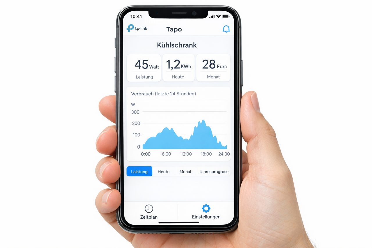 TP-Link Tapo-App auf Smartphone zeigt Stromverbrauch des Kühlschranks in Echtzeit mit Watt, kWh und Euro-Betrag