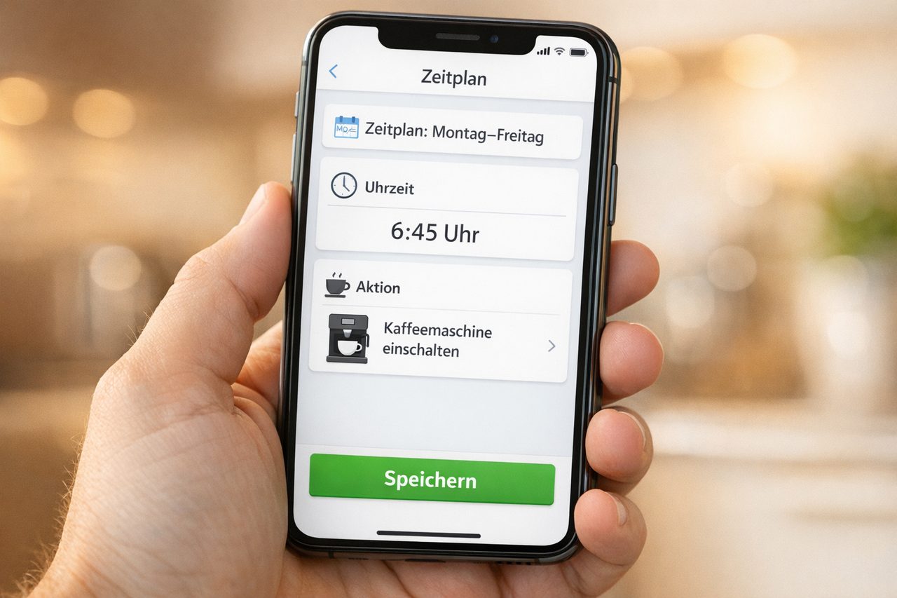 Zeitplan in der Smart-Home-App: Kaffeemaschine automatisch um 6:45 Uhr einschalten, Montag bis Freitag