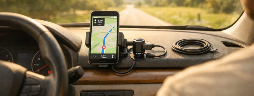 Auto-Armaturenbrett mit Smartphone in Halterung, USB-Ladeadapter und Navigationskarte während einer entspannten Tagesfahrt